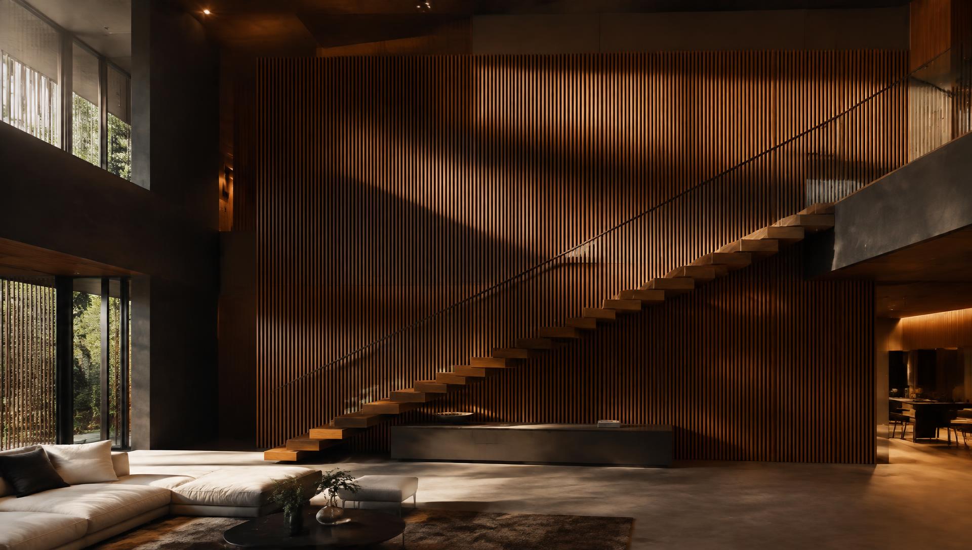 Double-height interior with walnut slat wall and floating staircase